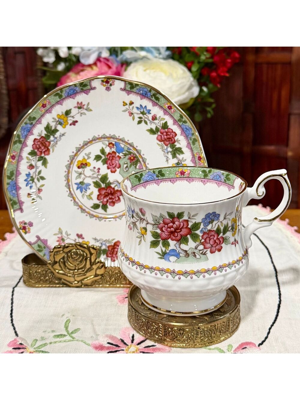 Queens Rosina Flower of Amaran China Teacup Saucer Set 14 England MCM c. 1955
